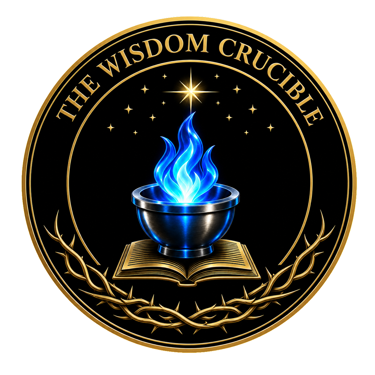 The seal of The Wisdom Crucible — a crucible aflame on an open book, ringed by thorns